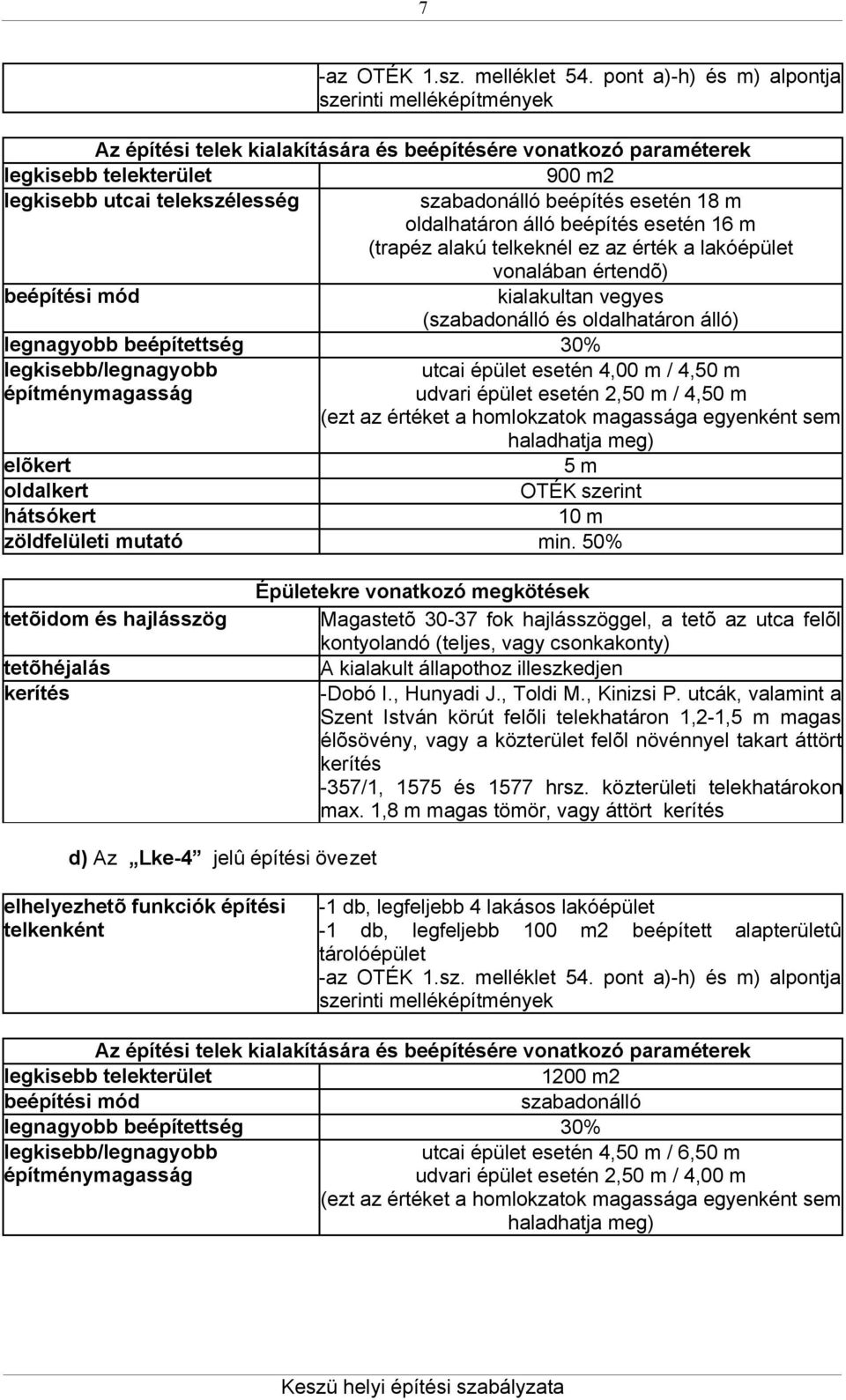 beépítés esetén 18 m oldalhatáron álló beépítés esetén 16 m (trapéz alakú telkeknél ez az érték a lakóépület vonalában értendõ) beépítési mód kialakultan vegyes (szabadonálló és oldalhatáron álló)