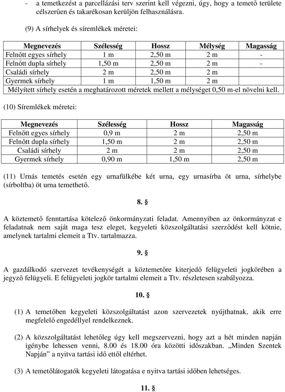 Gyermek sírhely 1 m 1,50 m 2 m Mélyített sírhely esetén a meghatározott méretek mellett a mélységet 0,50 m-el növelni kell.