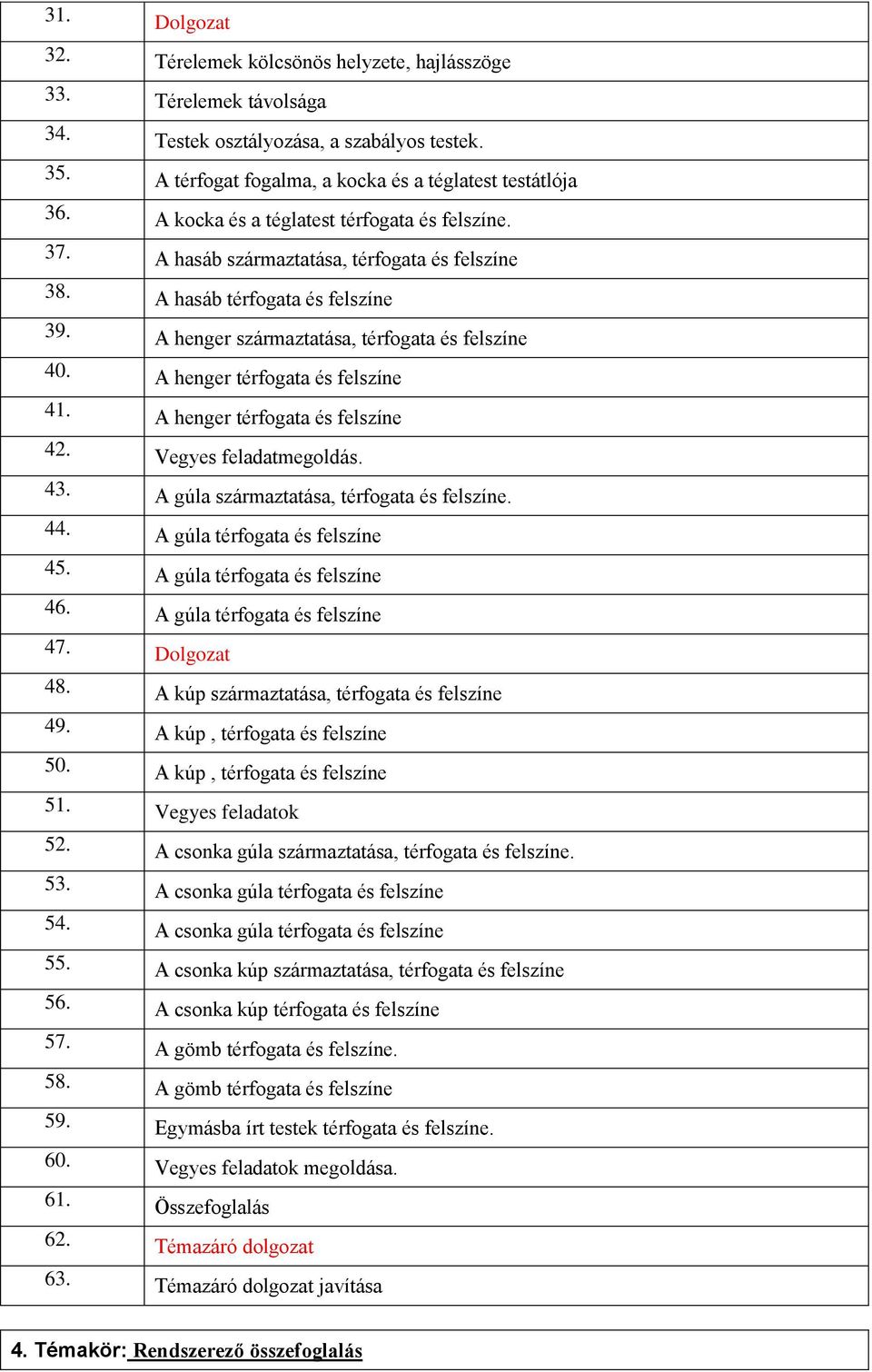 A henger térfogata és felszíne 41. A henger térfogata és felszíne 42. Vegyes feladatmegoldás. 43. A gúla származtatása, térfogata és felszíne. 44. A gúla térfogata és felszíne 45.