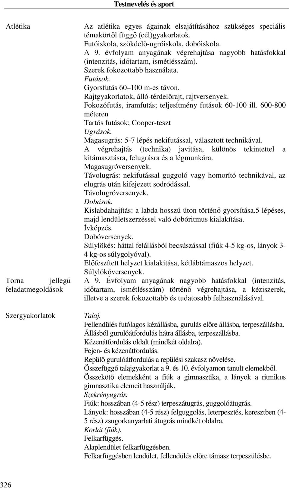 Rajtgyakorlatok, álló-térdelőrajt, rajtversenyek. Fokozófutás, iramfutás; teljesítmény futások 60-100 ill. 600-800 méteren Tartós futások; Cooper-teszt Ugrások.