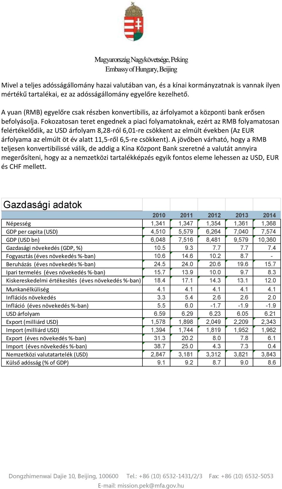 Fokozatosan teret engednek a piaci folyamatoknak, ezért az RMB folyamatosan felértékelődik, az USD árfolyam 8,28-ról 6,01-re csökkent az elmúlt években (Az EUR árfolyama az elmúlt öt év alatt