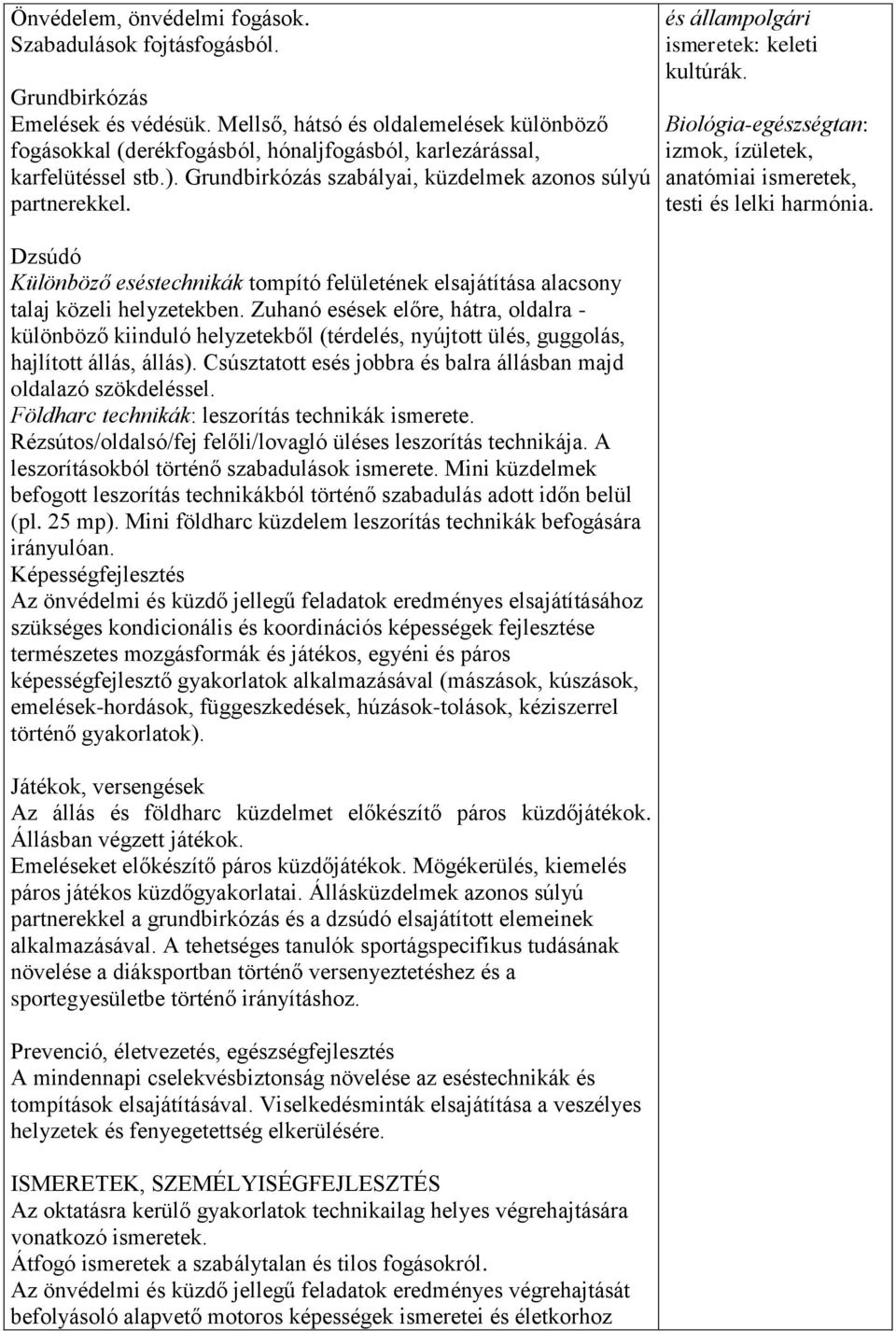 Dzsúdó Különböző eséstechnikák tompító felületének elsajátítása alacsony talaj közeli helyzetekben.
