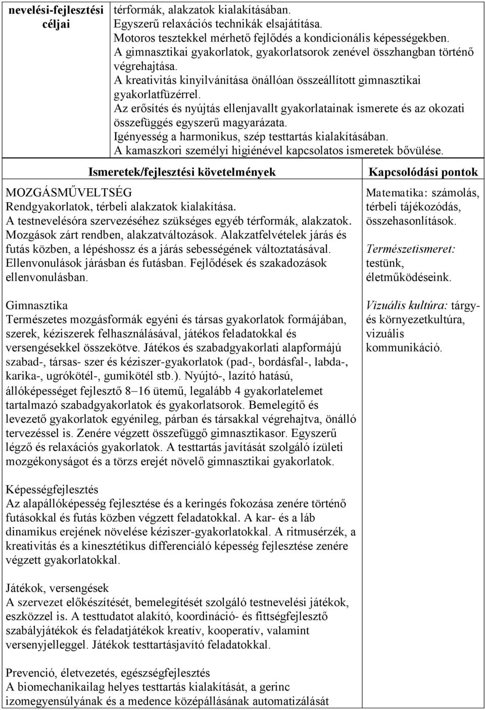 Az erősítés és nyújtás ellenjavallt gyakorlatainak ismerete és az okozati összefüggés egyszerű magyarázata. Igényesség a harmonikus, szép testtartás kialakításában.