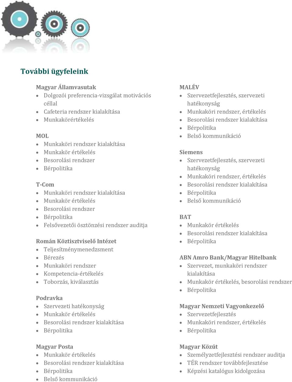 Munkaköri rendszer Kompetencia-értékelés Toborzás, kiválasztás Podravka Szervezeti hatékonyság Munkakör értékelés Magyar Posta Munkakör értékelés Belső kommunikáció MALÉV Szervezetfejlesztés,