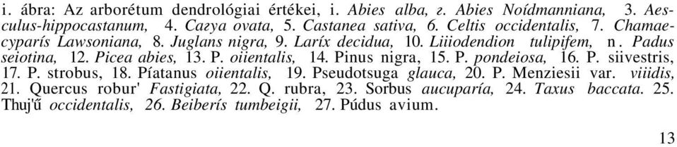 Pinus nigra, 15. P. pondeiosa, 16. P. siivestris, 17. P. strobus, 18. Píatanus oiientalis, 19. Pseudotsuga glauca, 20. P. Menziesii var. viiidis, 21.