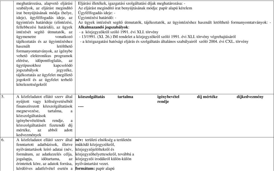 ügytípusokhoz kapcsolódó jogszabályok jegyzéke, tájékoztatás az ügyfelet megillető jogokról és az ügyfelet terhelő kötelezettségekről Eljárási illetékek, igazgatási szolgáltatási díjak meghatározása: