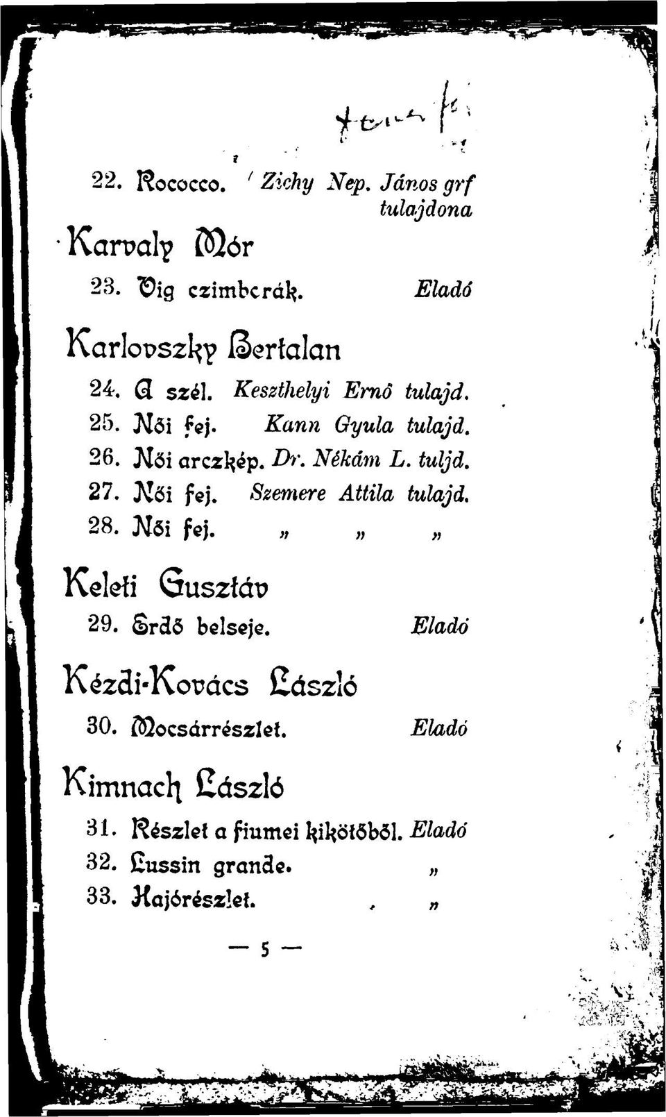 Nékám L. tuljd. 27. Kői fej. Szemere Attila tulajd. 28. m fej. Keleti Qusziáv 29. Srdő belseje.