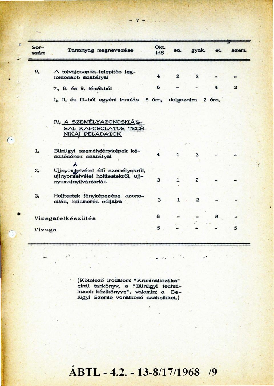 Bűnügyi szem élyfényképek készítésének szabályai 4 1 3-2. Ujjnyomfelvétel élő személyekről, ujjnyomfelvétel holttestekről, ujj nyomat nyilvántartás 3 1 2-3.