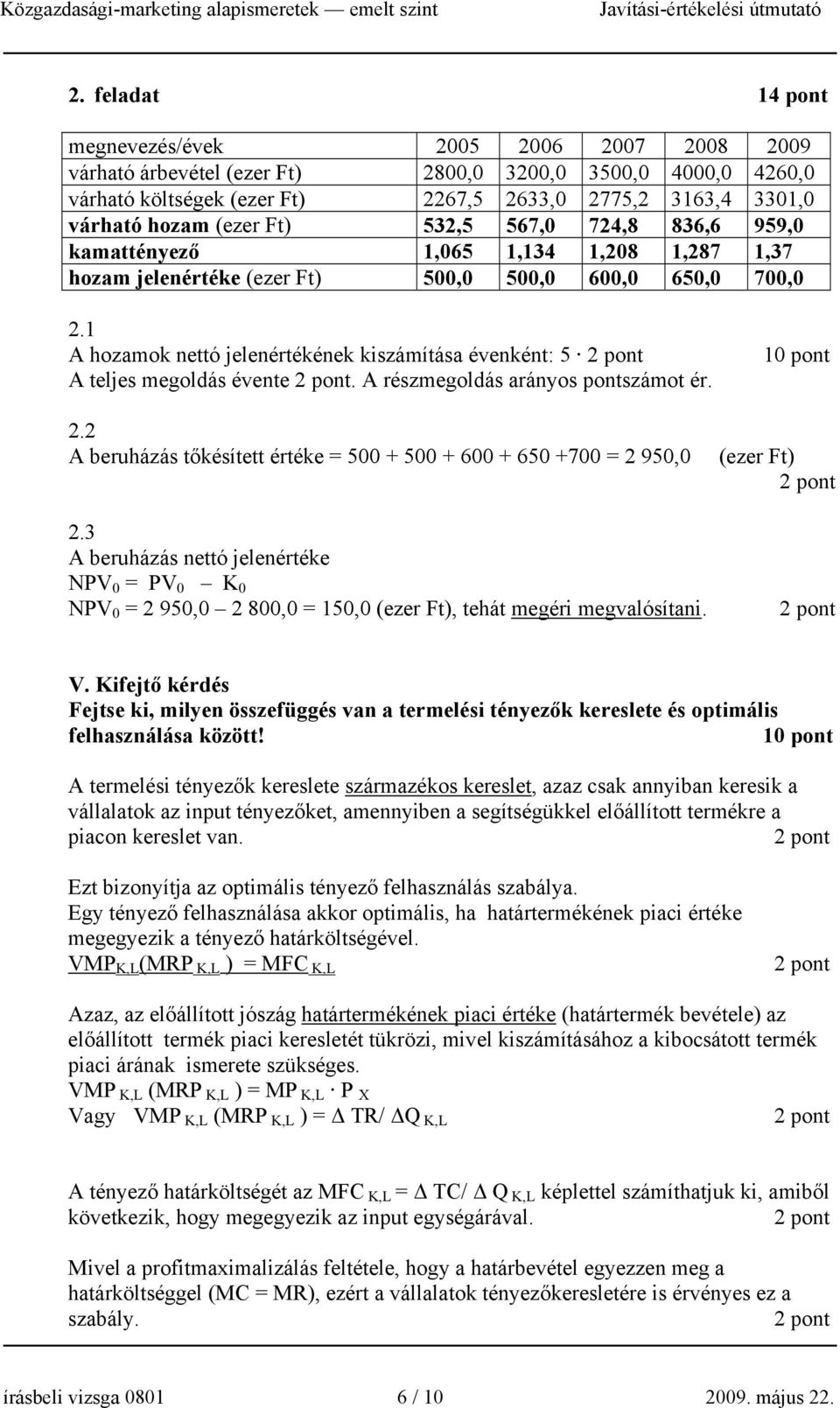 1 A hozamok nettó jelenértékének kiszámítása évenként: 5 A teljes megoldás évente. A részmegoldás arányos pontszámot ér. 2.2 A beruházás tőkésített értéke = 500 + 500 + 600 + 650 +700 = 2 950,0 2.