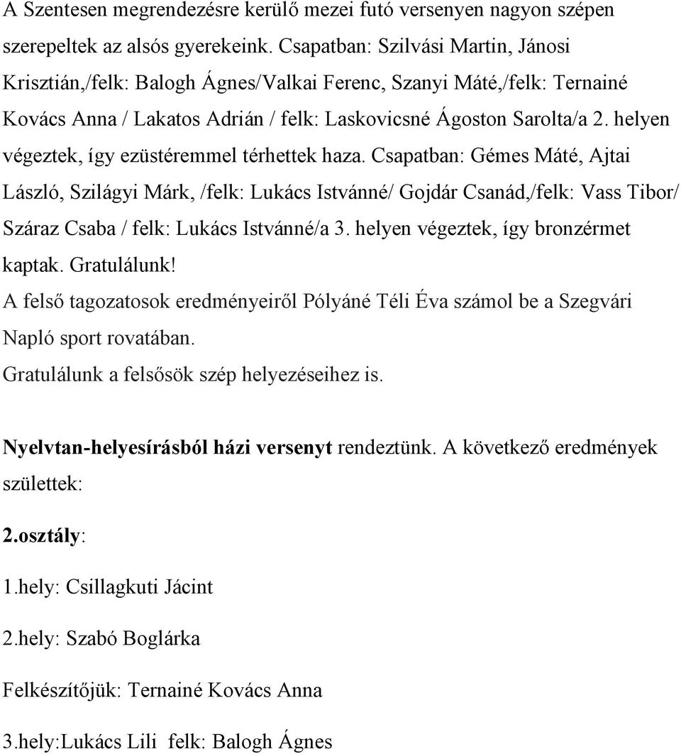 helyen végeztek, így ezüstéremmel térhettek haza. Csapatban: Gémes Máté, Ajtai László, Szilágyi Márk, /felk: Lukács Istvánné/ Gojdár Csanád,/felk: Vass Tibor/ Száraz Csaba / felk: Lukács Istvánné/a 3.