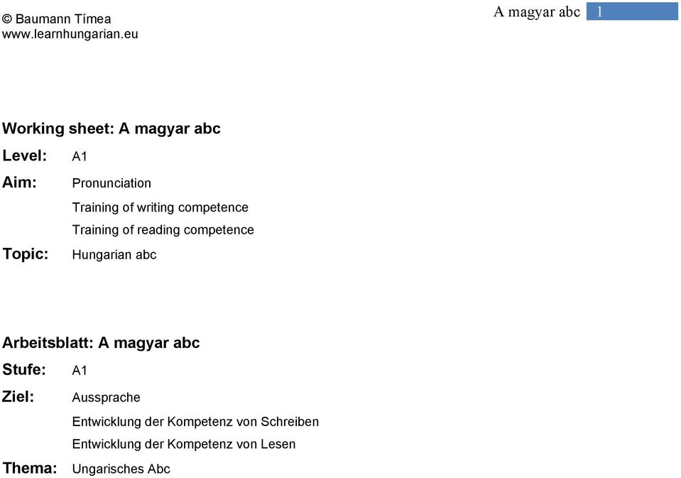 Arbeitsblatt: Stufe: A1 Ziel: Aussprache Entwicklung der Kompetenz
