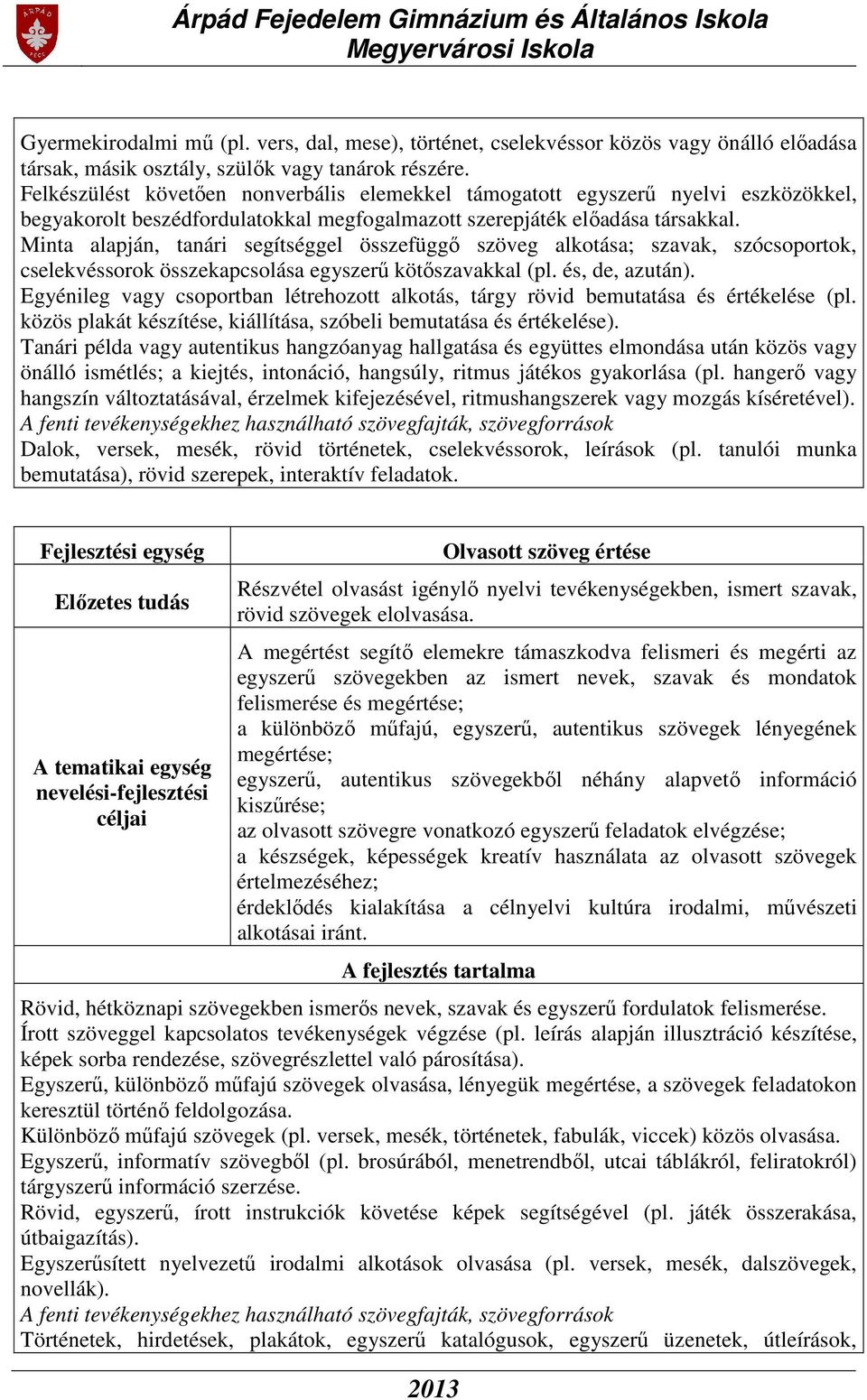 Minta alapján, tanári segítséggel összefüggő szöveg alkotása; szavak, szócsoportok, cselekvéssorok összekapcsolása egyszerű kötőszavakkal (pl. és, de, azután).