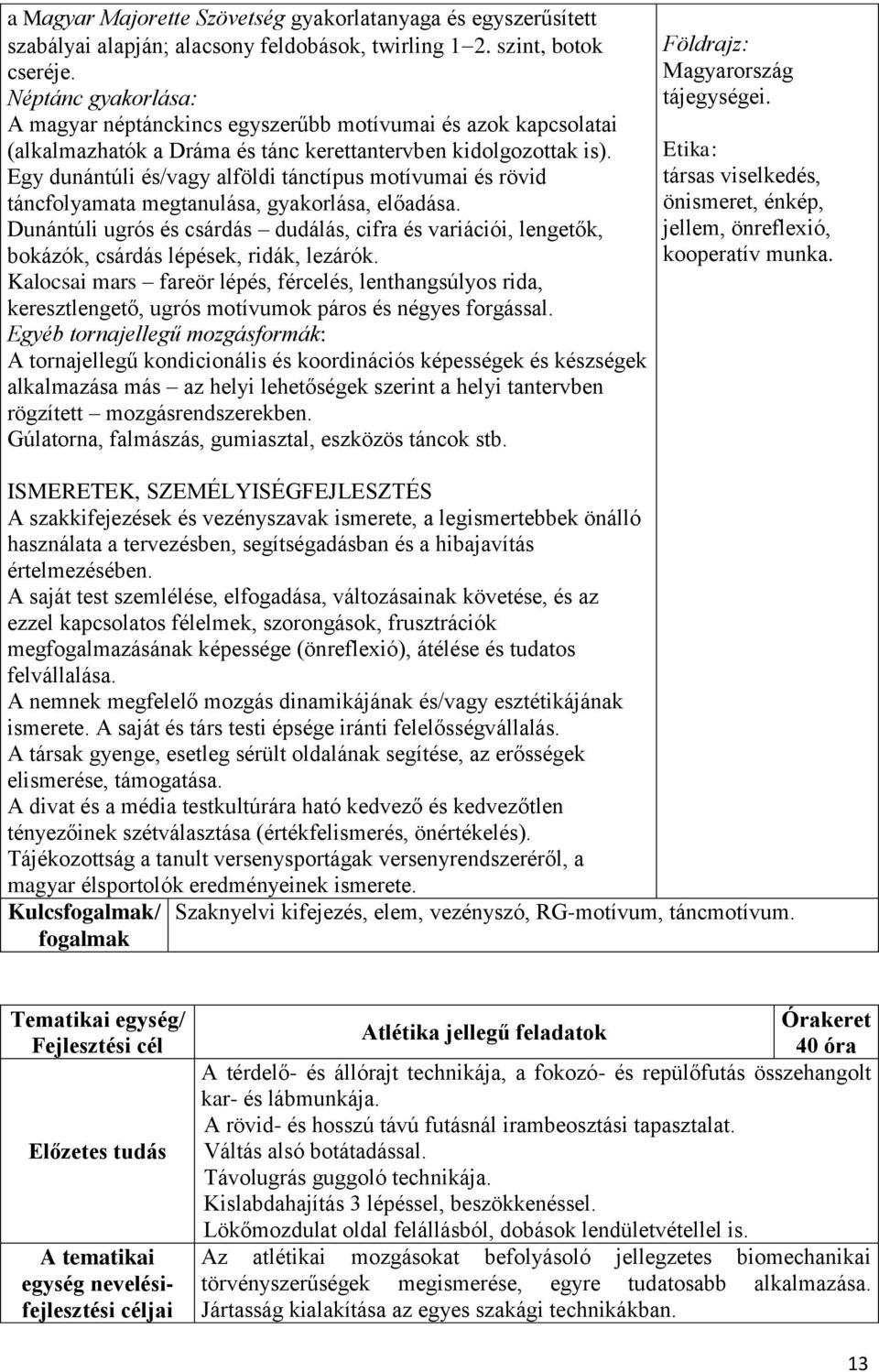 Egy dunántúli és/vagy alföldi tánctípus motívumai és rövid táncfolyamata megtanulása, gyakorlása, előadása.