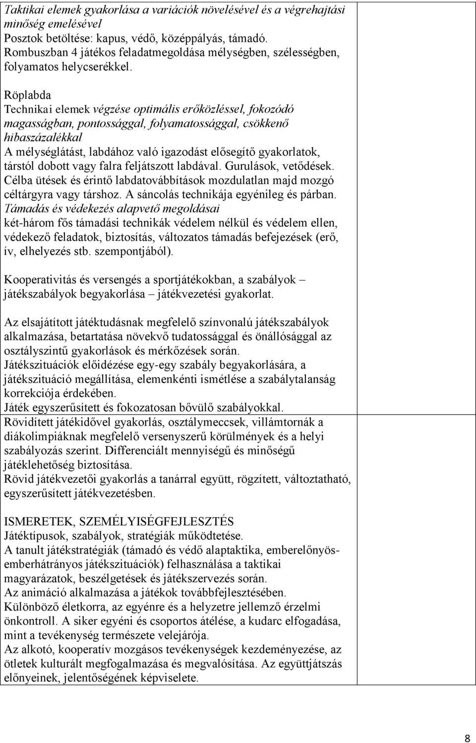 Röplabda Technikai elemek végzése optimális erőközléssel, fokozódó magasságban, pontossággal, folyamatossággal, csökkenő hibaszázalékkal A mélységlátást, labdához való igazodást elősegítő