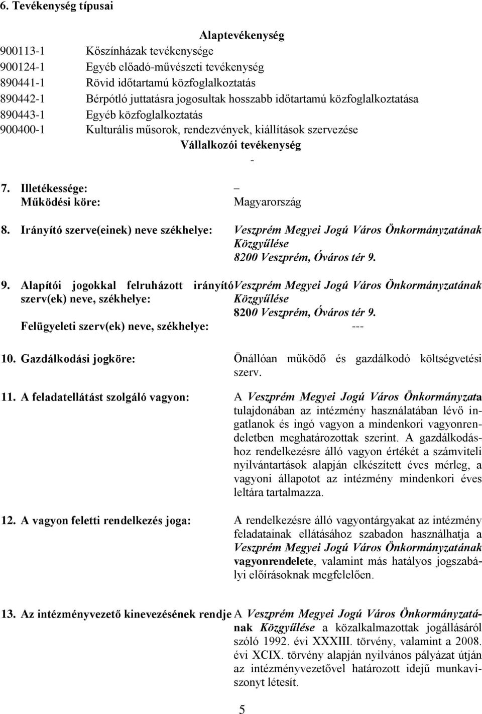 Illetékessége: Működési köre: Magyarország 8. Irányító szerve(einek) neve székhelye: Veszprém Megyei Jogú Város Önkormányzatának Közgyűlése 8200 Veszprém, Óváros tér 9.