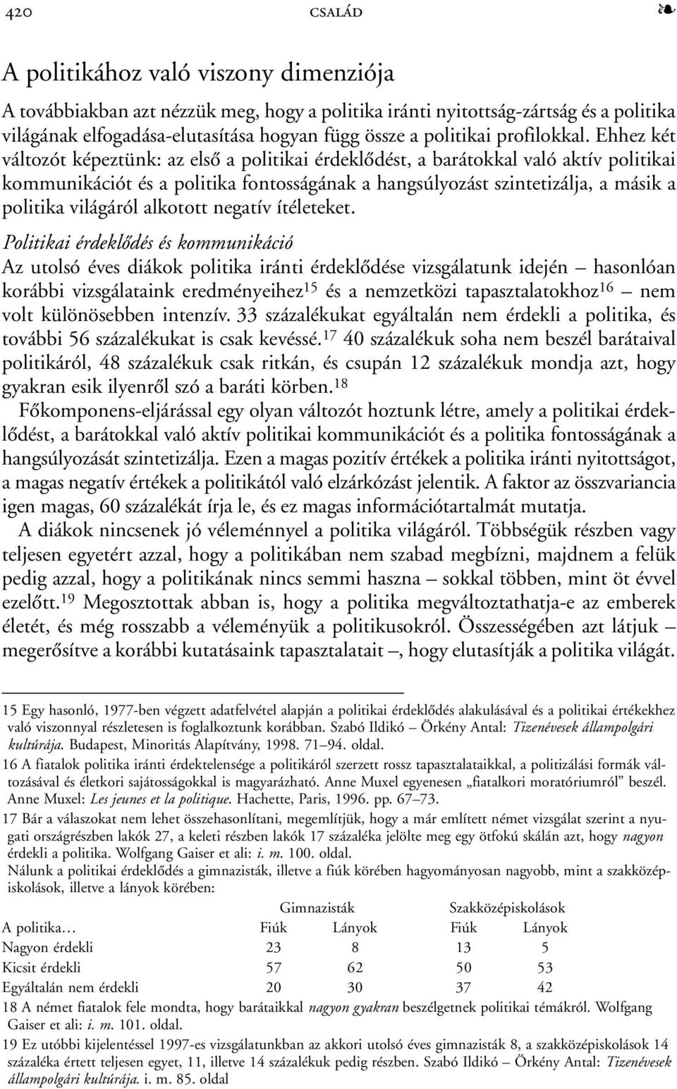 Ehhez két változót képeztünk: az elsõ a politikai érdeklõdést, a barátokkal való aktív politikai kommunikációt és a politika fontosságának a hangsúlyozást szintetizálja, a másik a politika világáról