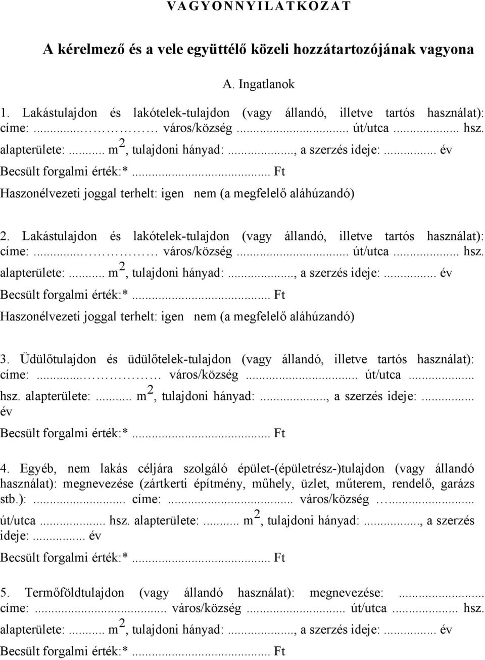 Lakástulajdon és lakótelek-tulajdon (vagy állandó, illetve tartós használat): címe:... város/község... út/utca... hsz. alapterülete:... m 2, tulajdoni hányad:..., a szerzés ideje:.