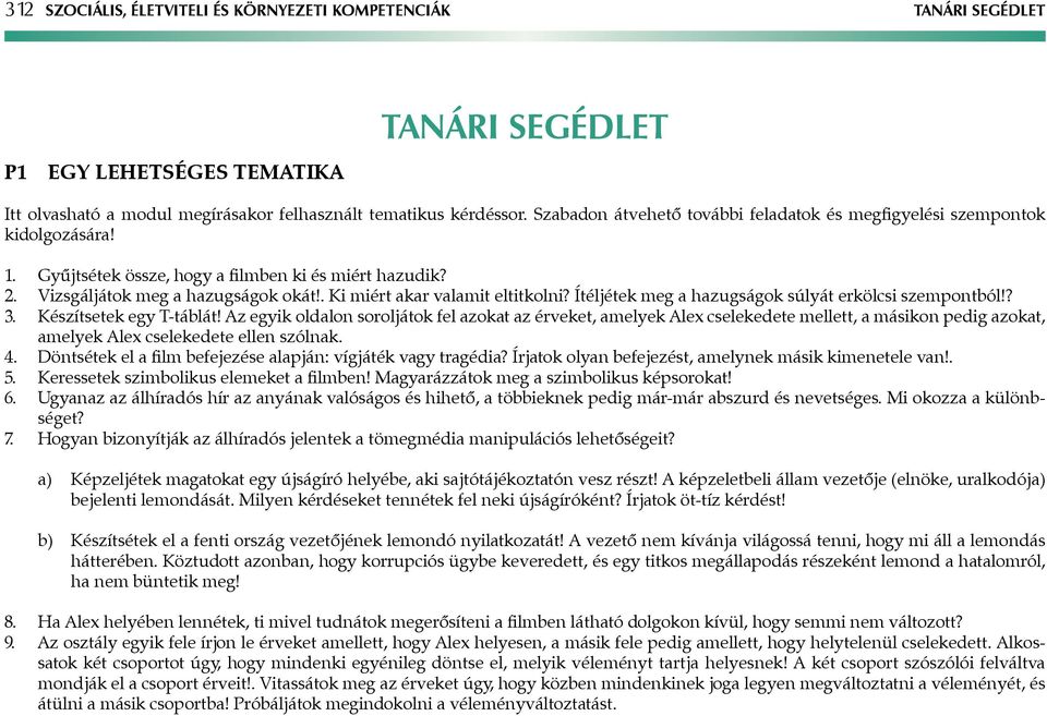 . Ki miért akar valamit eltitkolni? Ítéljétek meg a hazugságok súlyát erkölcsi szempontból!? 3. Készítsetek egy T-táblát!