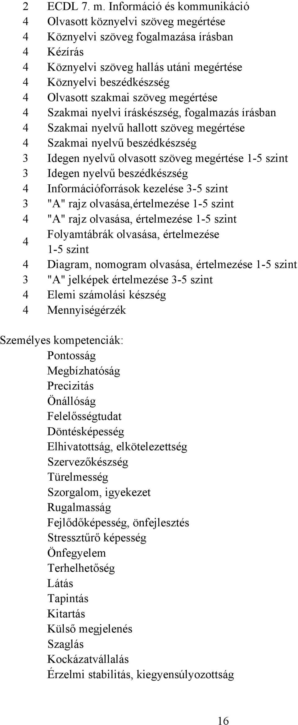 szakmai szöveg megértése 4 Szakmai nyelvi íráskészség, fogalmazás írásban 4 Szakmai nyelvű hallott szöveg megértése 4 Szakmai nyelvű beszédkészség 3 Idegen nyelvű olvasott szöveg megértése 1-5 szint