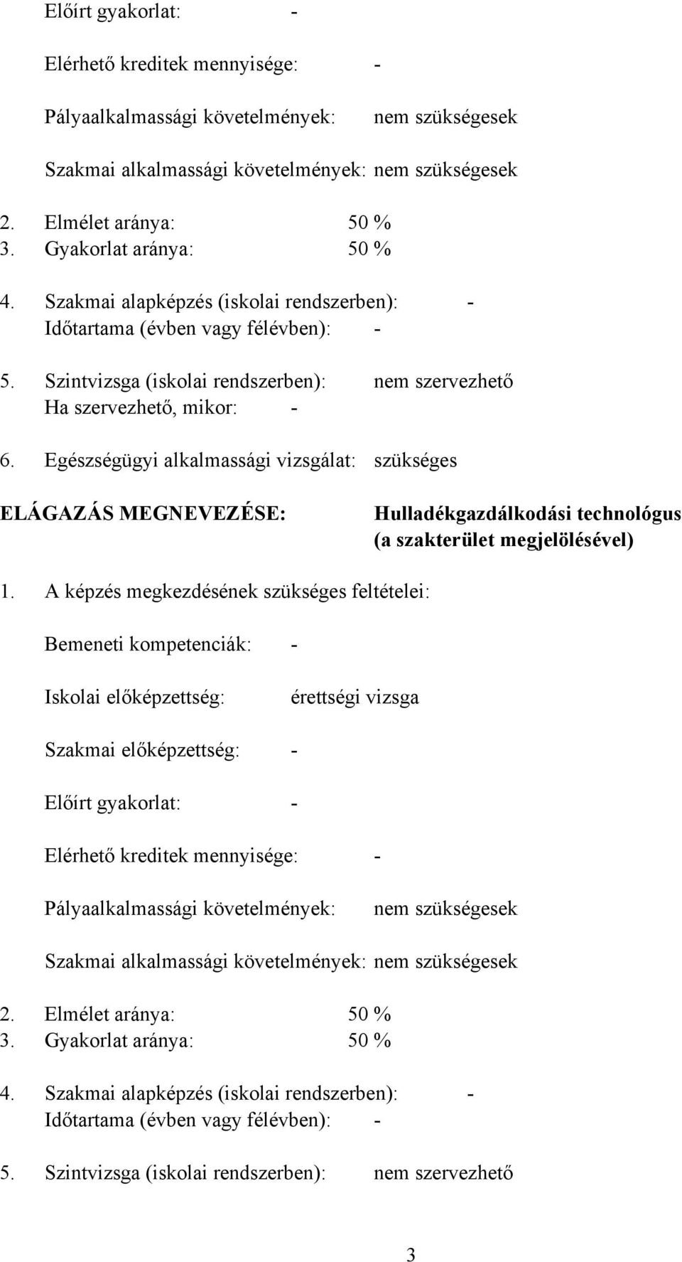 Szintvizsga (iskolai rendszerben): Ha szervezhető, mikor: - Egészségügyi alkalmassági vizsgálat: nem szervezhető szükséges ELÁGAZÁS MEGNEVEZÉSE: Hulladékgazdálkodási technológus (a szakterület