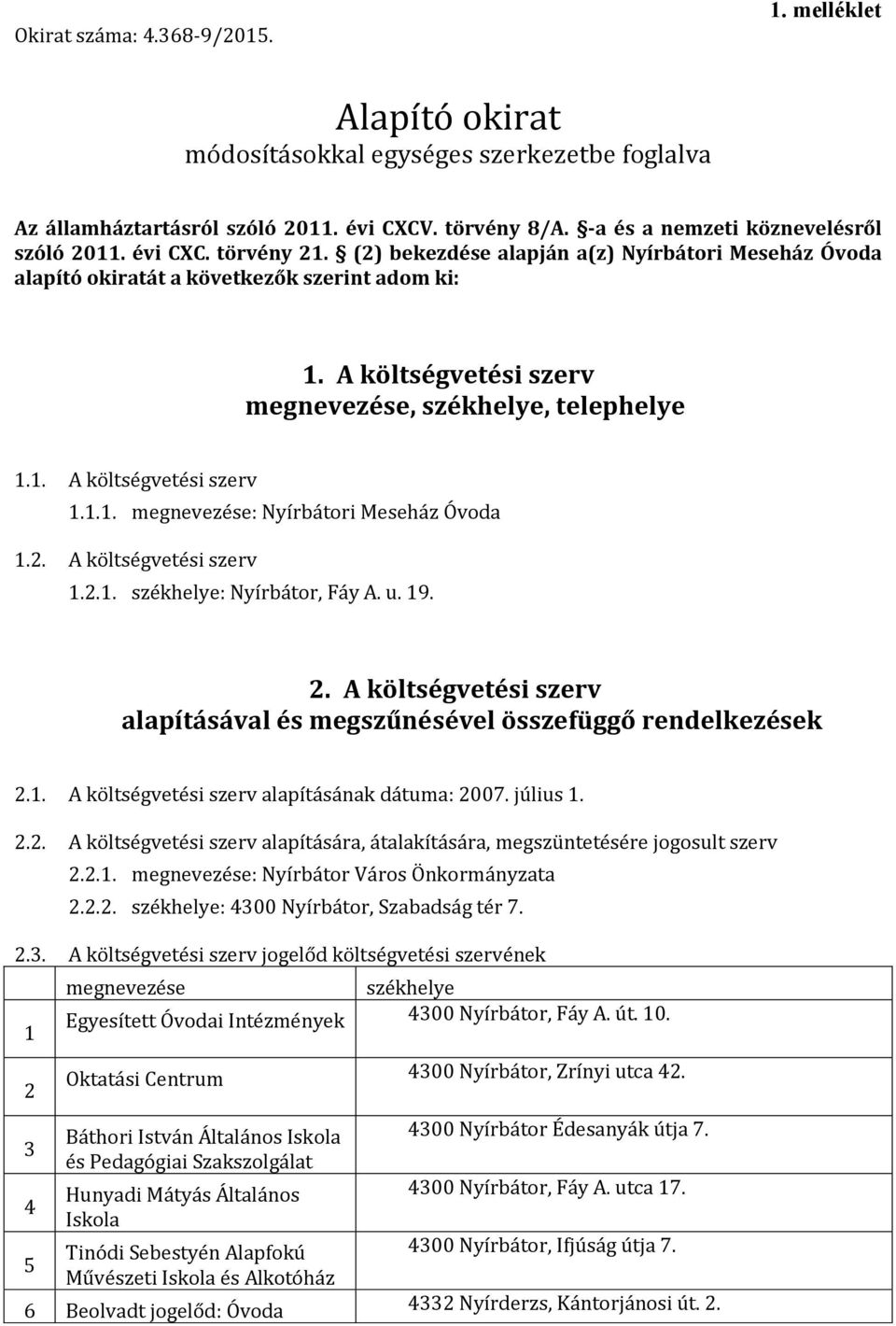 2. A költségvetési szerv.2.. székhelye: Nyírbátor, Fáy A. u. 9. 2. A költségvetési szerv alapításával és megszűnésével összefüggő rendelkezések 2.. A költségvetési szerv alapításának dátuma: 2007.