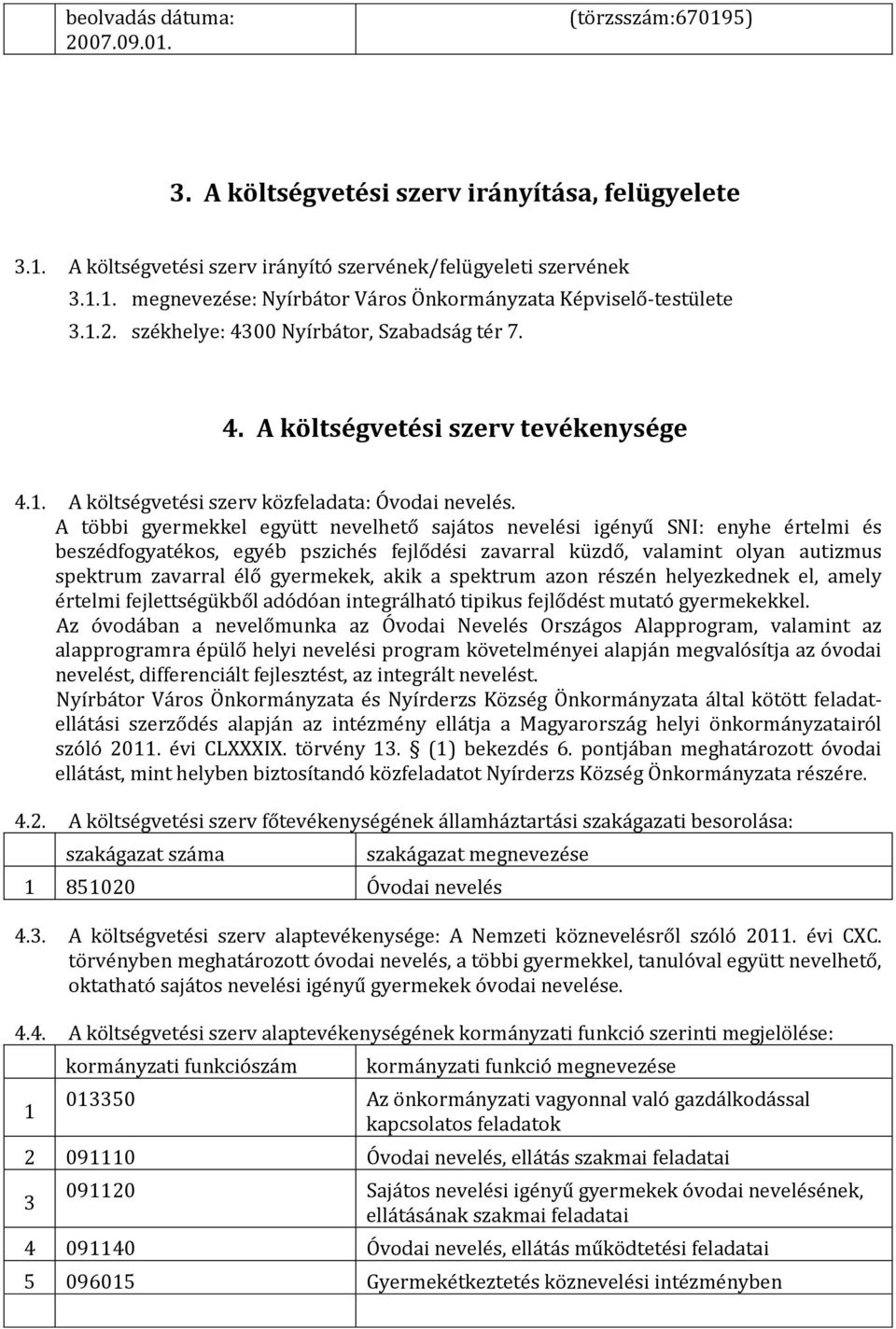 . A költségvetési szerv közfeladata: Óvodai nevelés.