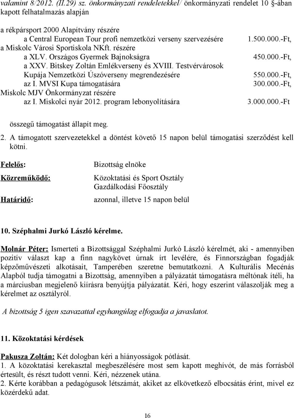 részére a XLV. Országos Gyermek Bajnokságra 450.000.-Ft, a XXV. Bitskey Zoltán Emlékverseny és XVIII. Testvérvárosok Kupája Nemzetközi Úszóverseny megrendezésére 550.000.-Ft, az I.