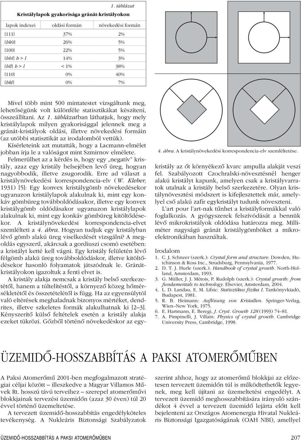 táblázatban láthatjuk, hogy mely kristálylapok milyen gyakorisággal jelennek meg a gránát-kristályok oldási, illetve növekedési formáin (az utóbbi statisztikát az irodalomból vettük).