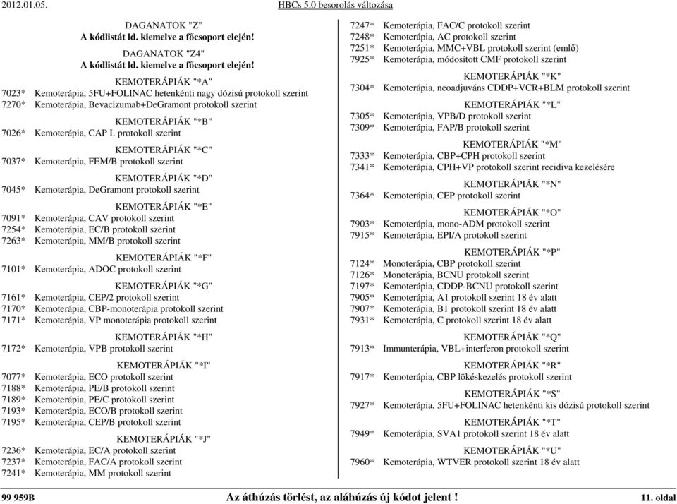 protokoll szerint KEMOTERÁPIÁK "*C" 7037* Kemoterápia, FEM/B protokoll szerint KEMOTERÁPIÁK "*D" 7045* Kemoterápia, DeGramont protokoll szerint KEMOTERÁPIÁK "*E" 7091* Kemoterápia, CAV protokoll