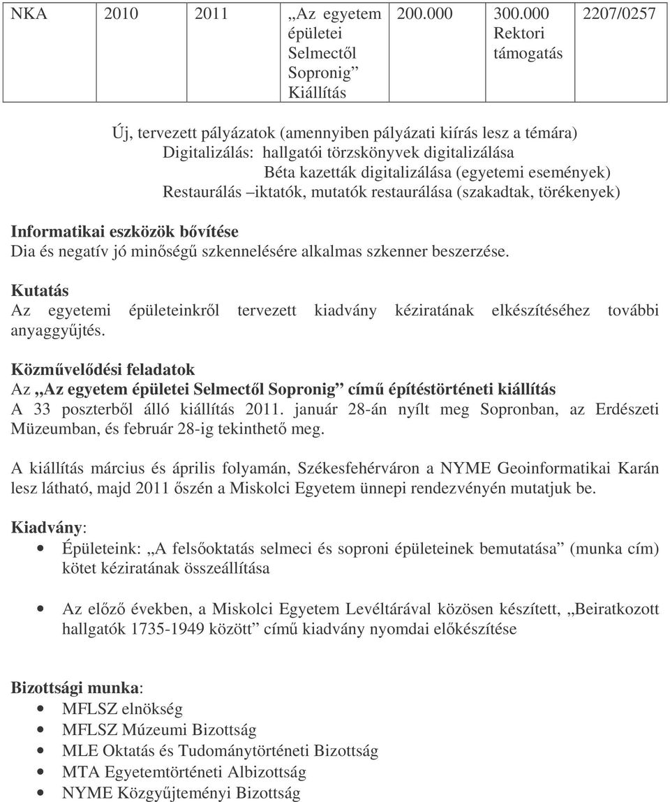 szkennelésére alkalmas szkenner beszerzése Kutatás Az egyetemi épületeinkrl tervezett kiadvány kéziratának elkészítéséhez további anyaggyjtés Közmveldési feladatok Az Az egyetem épületei Selmectl