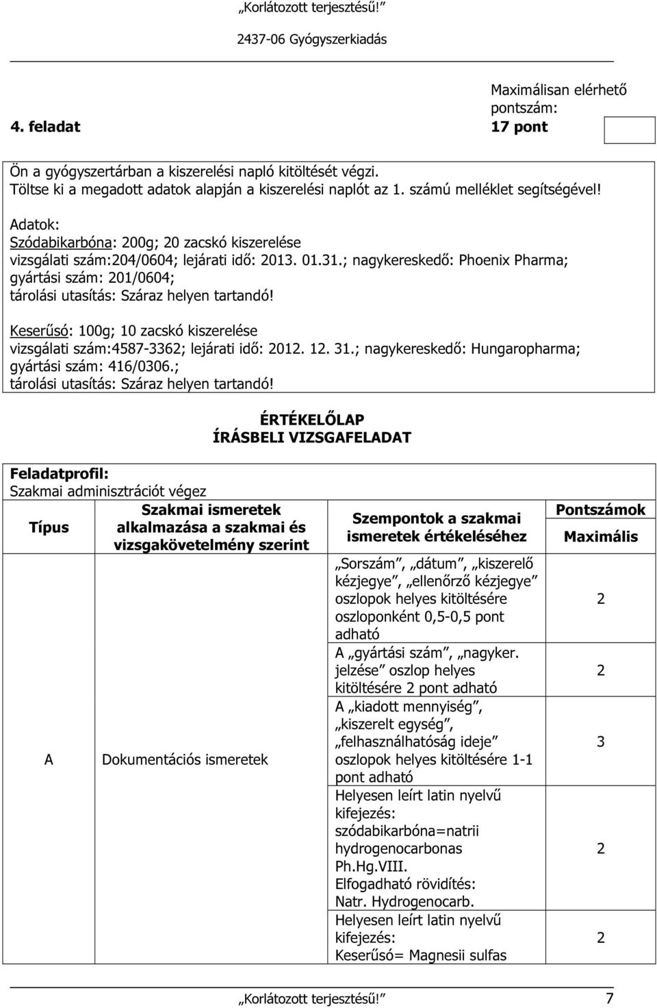 ; nagykereskedő: Phoenix Pharma; gyártási szám: 201/0604; tárolási utasítás: Száraz helyen tartandó! Keserűsó: 100g; 10 zacskó kiszerelése vizsgálati szám:4587-3362; lejárati idő: 2012. 12. 31.