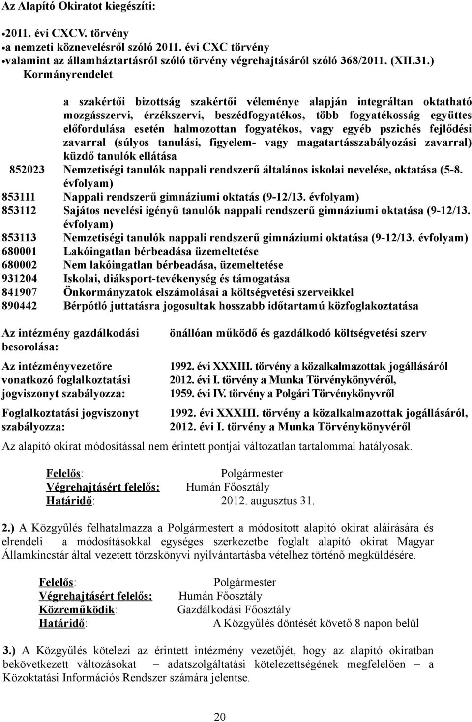 fogyatékos, vagy egyéb pszichés fejlődési zavarral (súlyos tanulási, figyelem- vagy magatartásszabályozási zavarral) küzdő tanulók ellátása 852023 Nemzetiségi tanulók nappali rendszerű általános