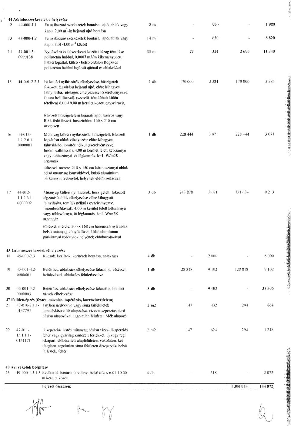 00 \\Y között 14 44-001 -5- Ny üás/áró ós falszerkezet közötti hézag tömítése í> m 0990138 poliuretán habbal. 0.0007 m.vm kikeményedelt habtérfogattat.