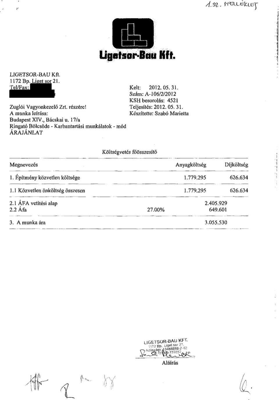 Készítette: Szabó Marietta Költségvetés főösszesítő Megnevezés 1. Építmény közvetlen költsége 1.1 Közvetlen önköltség összesen Anyagköltség 1.779.