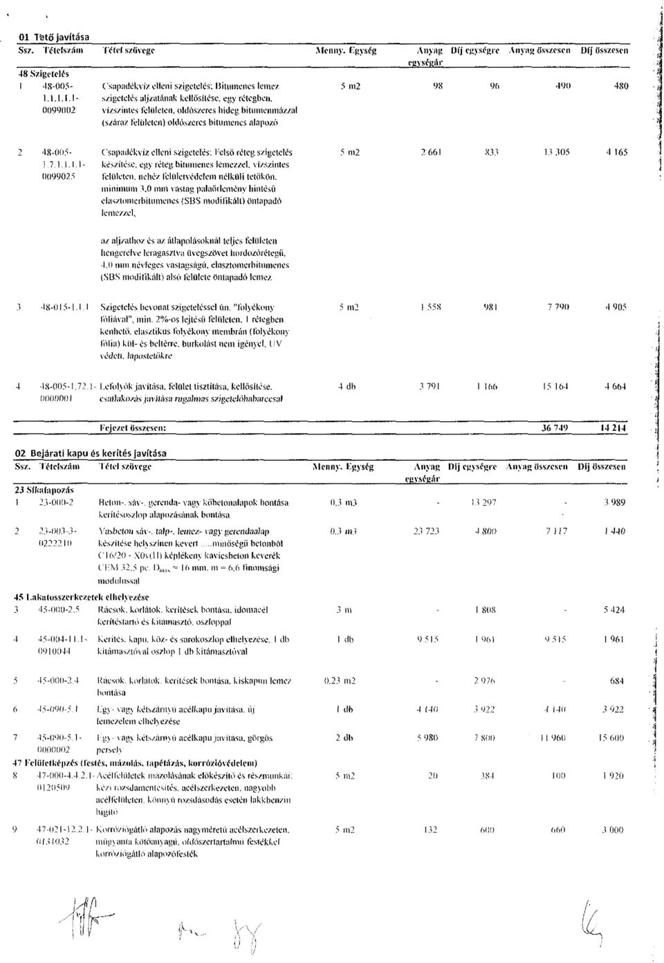 Csapadékvíz elleni szigetelés: Felső réteg szigetelés 1.7.1.1.1.1 - készítése, egy réteg bitumenes lemezzel. vízszintes 0099025 felületen, nehéz felületvédelem nélküli tetőkön. minimum 3.