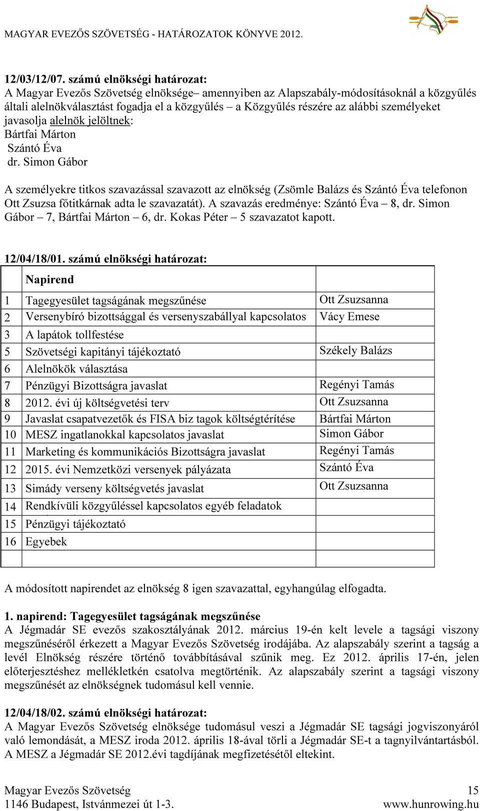 jelöltnek: Bártfai Márton Szántó Éva dr. Simon Gábor A személyekre titkos szavazással szavazott az elnökség (Zsömle Balázs és Szántó Éva telefonon Ott Zsuzsa főtitkárnak adta le szavazatát).