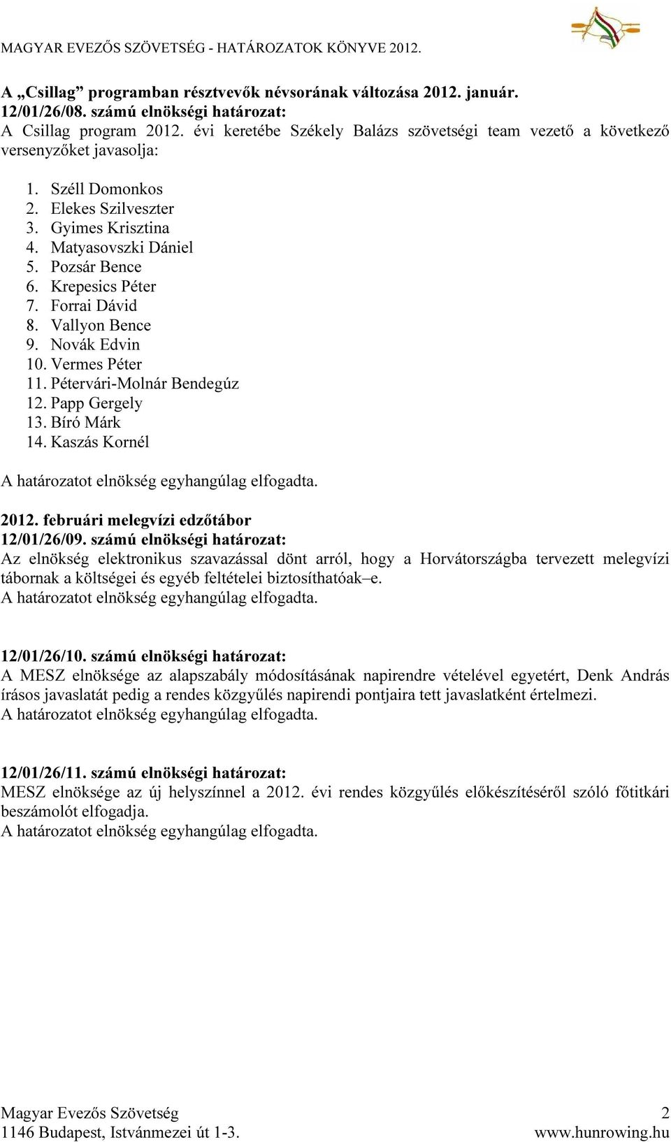 Krepesics Péter 7. Forrai Dávid 8. Vallyon Bence 9. Novák Edvin 10. Vermes Péter 11. Pétervári-Molnár Bendegúz 12. Papp Gergely 13. Bíró Márk 14. Kaszás Kornél 2012.