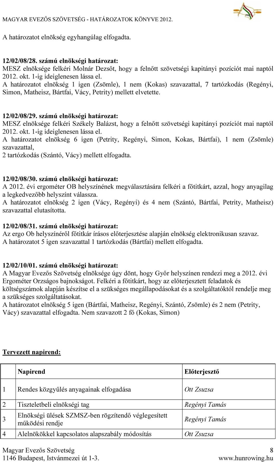 számú elnökségi határozat: MESZ elnöksége felkéri Székely Balázst, hogy a felnőtt szövetségi kapitányi pozíciót mai naptól 2012. okt. 1-ig ideiglenesen lássa el.