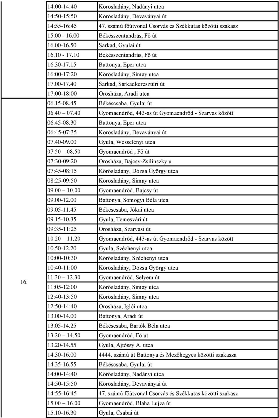 45 Békéscsaba, Gyulai út 06.40 07.40 Gyomaendrőd, 443-as út Gyomaendrőd - Szarvas között 06.45-08.30 Battonya, Eper utca 06:45-07:35 Körösladány, Dévaványai út 07.40-09.00 Gyula, Wesselényi utca 07.