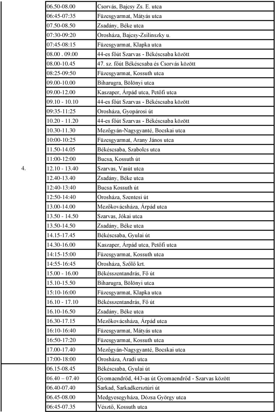 00 Kaszaper, Árpád utca, Petőfi utca 09.10-10.10 44-es főút Szarvas - Békéscsaba között 09:35-11:25 Orosháza, Gyopárosi út 10.20-11.20 44-es főút Szarvas - Békéscsaba között 10.30-11.