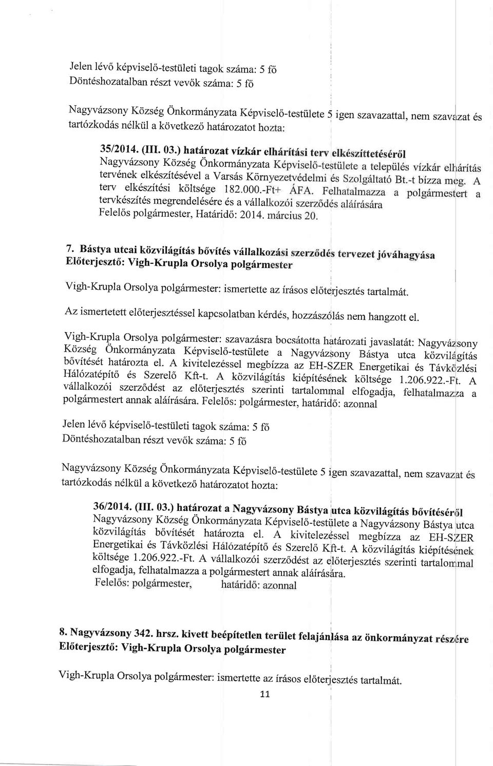 ) hatirozatvizkilr el Nagyvilzsony Kcizsdg 6nkorm6n yzata terv6nek elk6szit6s6vel a Varsds Kom, terv elk6szft6si kolts6ge 192.000._F tervk6szit6s megrendel6s6re ds a vdllall Felel6s polgd.