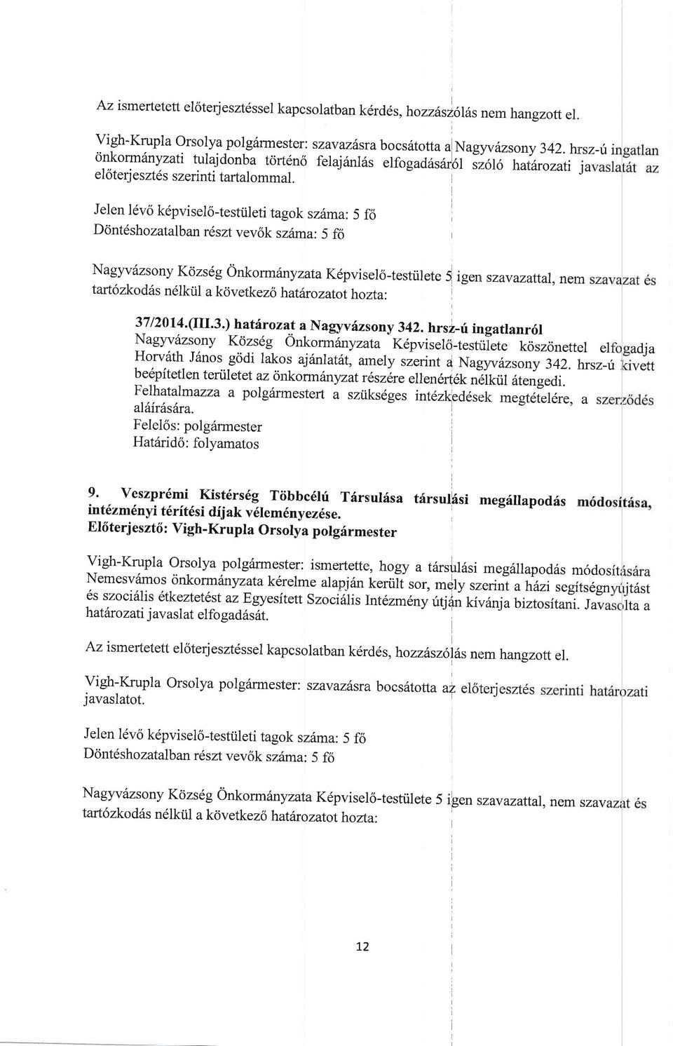 Ja Jelen ldvo k6pviselo-testtileti tagok sz6ma: 5 fb Dcintdshozatalbanrdszt vev6k sz6ma: 5 fo Nagyvdzsony Kcizs6g OnkormiinyzataKepviselo-testiilete 5 igenl szavazattal.