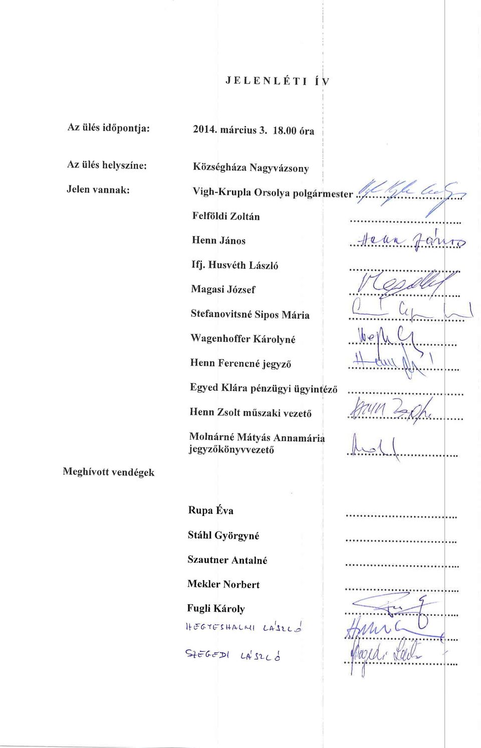 Husv6th Lr{szl6 Magasi Jrizsef Stefanovitsn6 Sipos M6ria Wagenhoffer K:{rolyn6 Henn Ferencnd jegyz Egyed Kfdra p6nziigyi