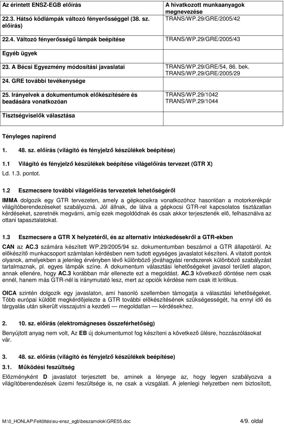 GRE további tevékenysége 25. Irányelvek a dokumentumok elıkészítésére és beadására vonatkozóan TRANS/WP.29/1042 TRANS/WP.29/1044 Tisztségviselık választása Tényleges napirend 1. 48. sz.