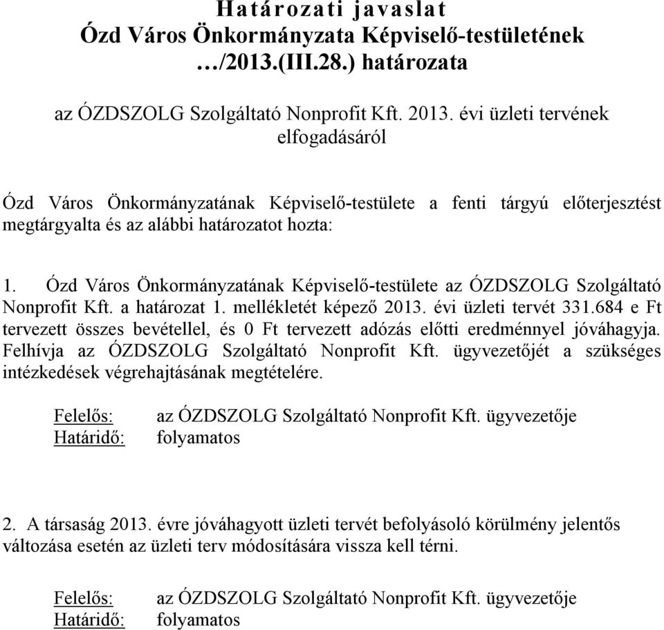 Ózd Város Önkormányzatának Képviselő-testülete az ÓZDSZOLG Szolgáltató Nonprofit Kft. a határozat 1. mellékletét képező 2013. évi üzleti tervét 331.