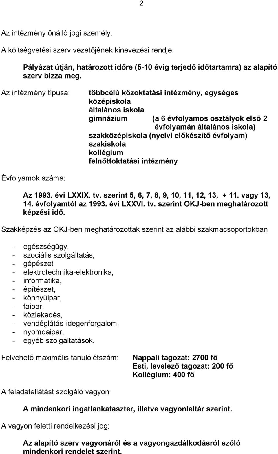 évfolyam) szakiskola kollégium felnőttoktatási intézmény Évfolyamok száma: Az 1993. évi LXXIX. tv. szerint 5, 6, 7, 8, 9, 10, 11, 12, 13, + 11. vagy 13, 14. évfolyamtól az 1993. évi LXXVI. tv. szerint OKJ-ben meghatározott képzési idő.