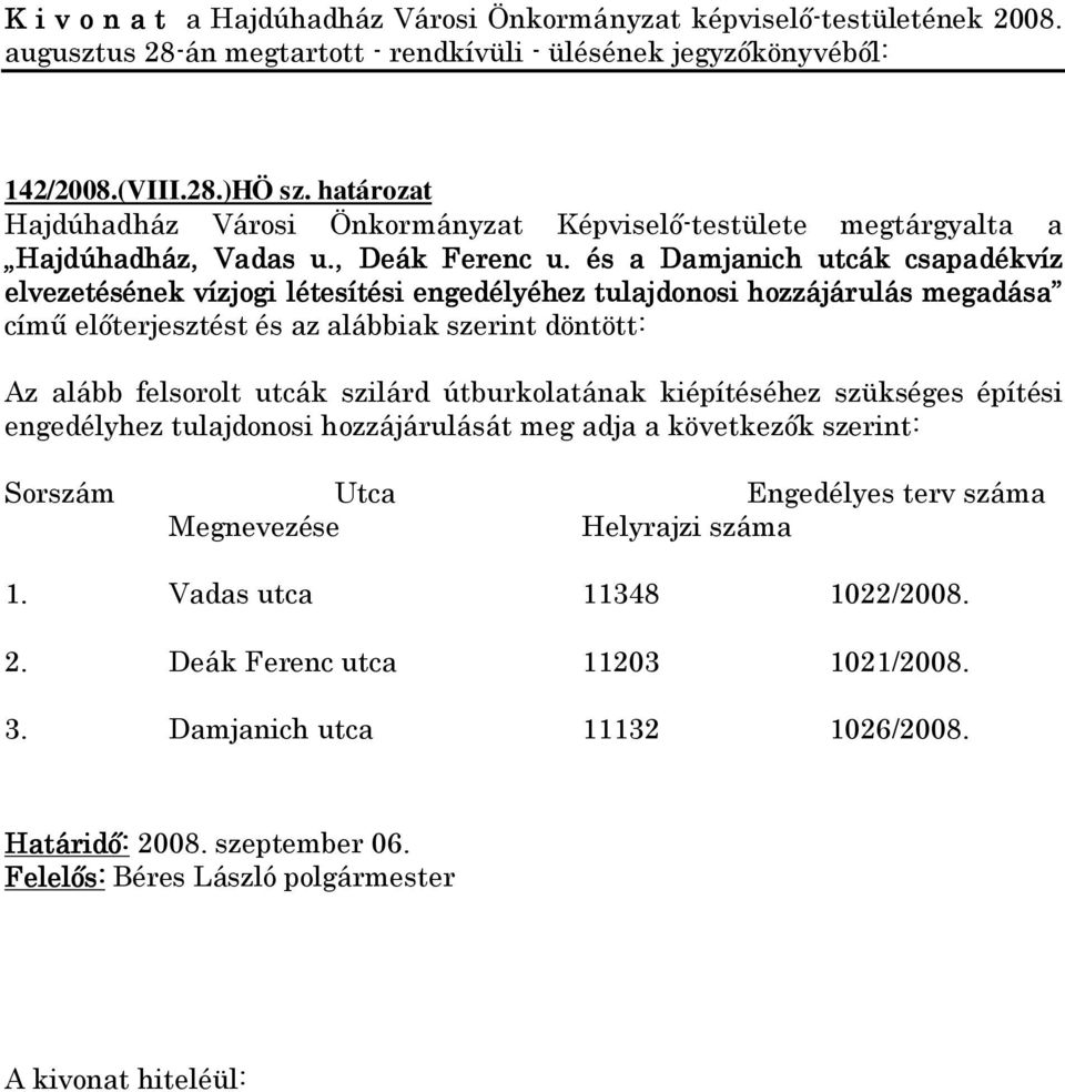 döntött: Az alább felsorolt utcák szilárd útburkolatának kiépítéséhez szükséges építési engedélyhez tulajdonosi hozzájárulását meg adja a következők szerint: