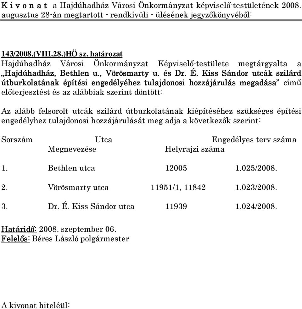 utcák szilárd útburkolatának kiépítéséhez szükséges építési engedélyhez tulajdonosi hozzájárulását meg adja a következők szerint: Sorszám Utca Engedélyes terv száma