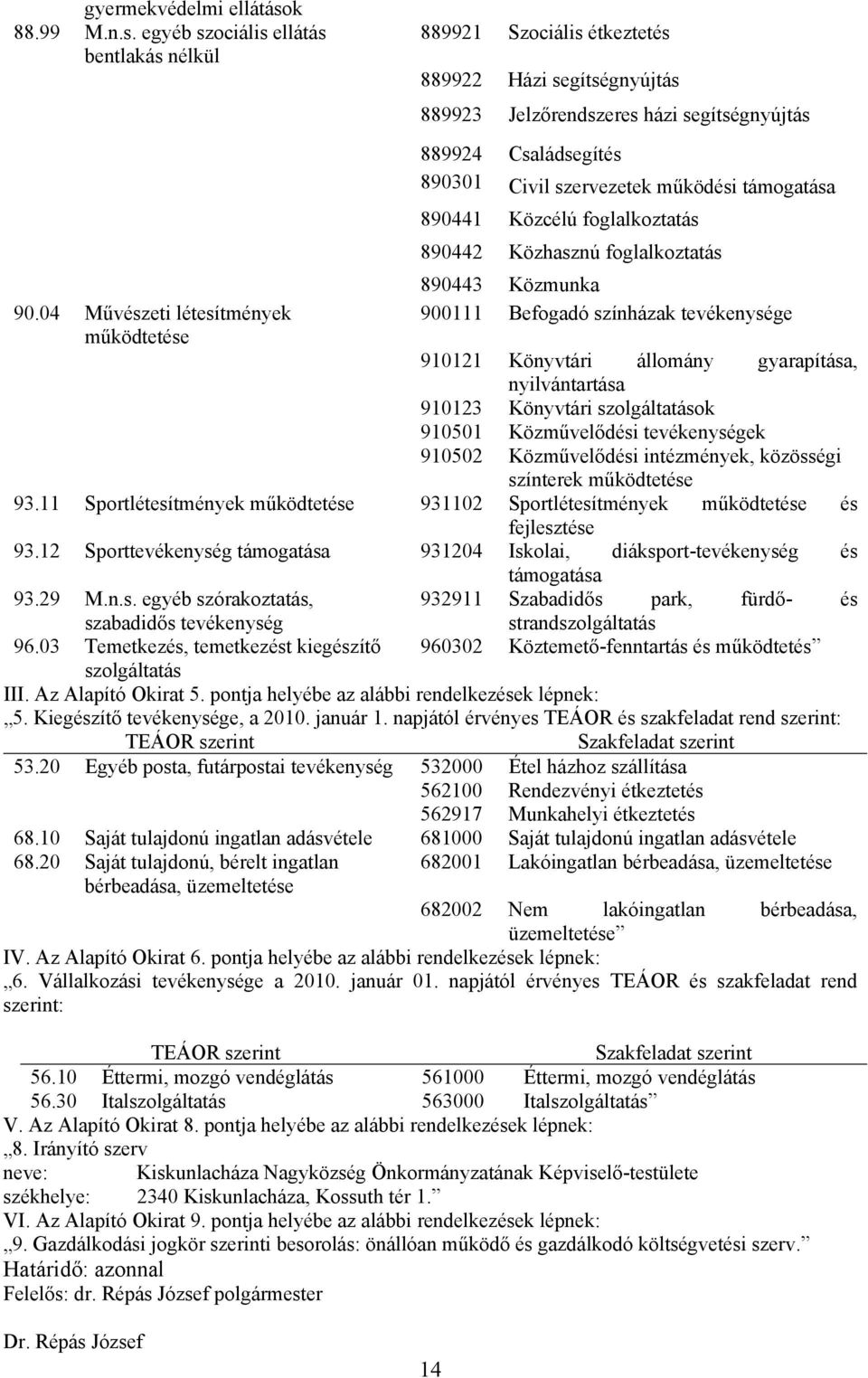 támogatása 890441 Közcélú foglalkoztatás 890442 Közhasznú foglalkoztatás 890443 Közmunka 900111 Befogadó színházak tevékenysége 910121 Könyvtári állomány gyarapítása, nyilvántartása 910123 Könyvtári
