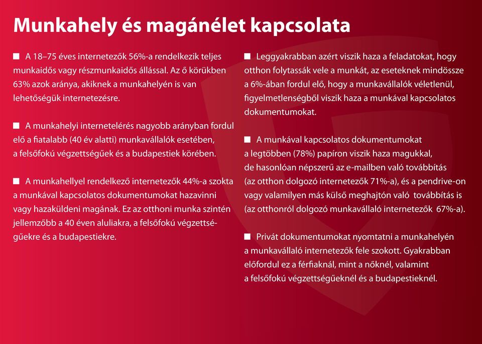 A munkahelyi internetelérés nagyobb arányban fordul elő a fiatalabb (40 év alatti) munkavállalók esetében, a felsőfokú végzettségűek és a budapestiek körében.